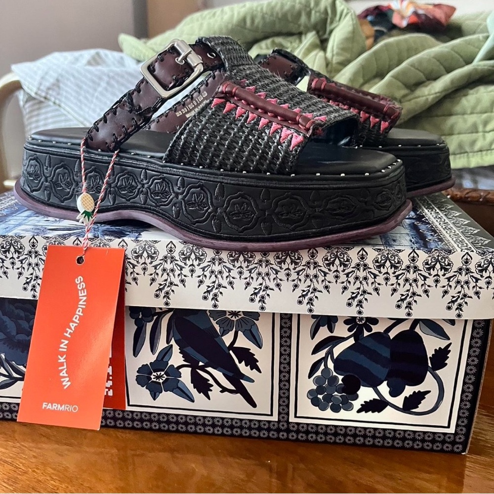 Farm Rio Black Woven Platform Sandals